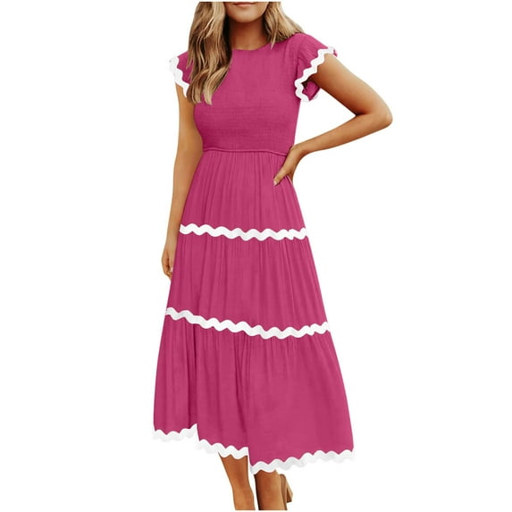SEMPAI Summer Dresses Womens Dresses Short Sleeve Crew Neck Print Mid-Length Summerdresses Trendy for Birthday Women's Plus Dresses Up to 60% Off