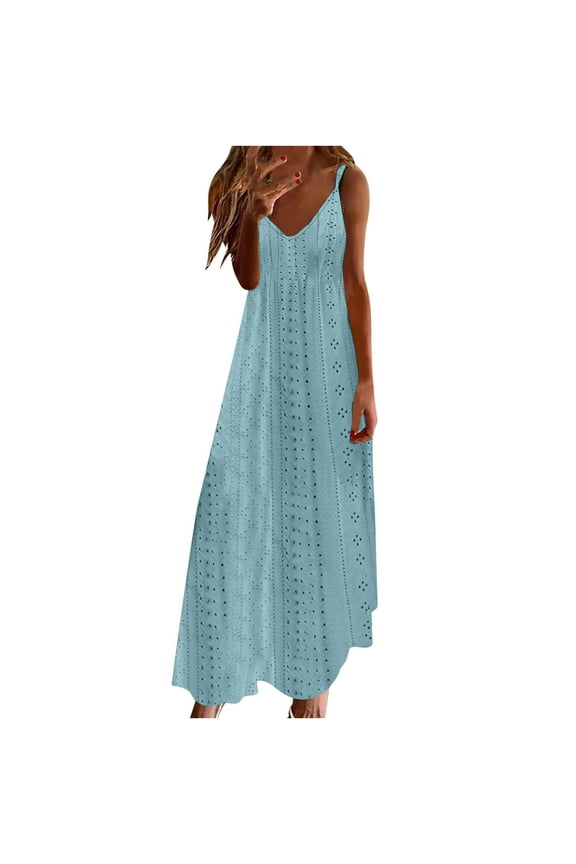 Sundresses for Women Casual Summer - Women's Summer Bohemian Long Maxi Dress Casual Sleeveless V Neck Loose Sundress Beach Cover Up Long Cami Maxi Dresses,