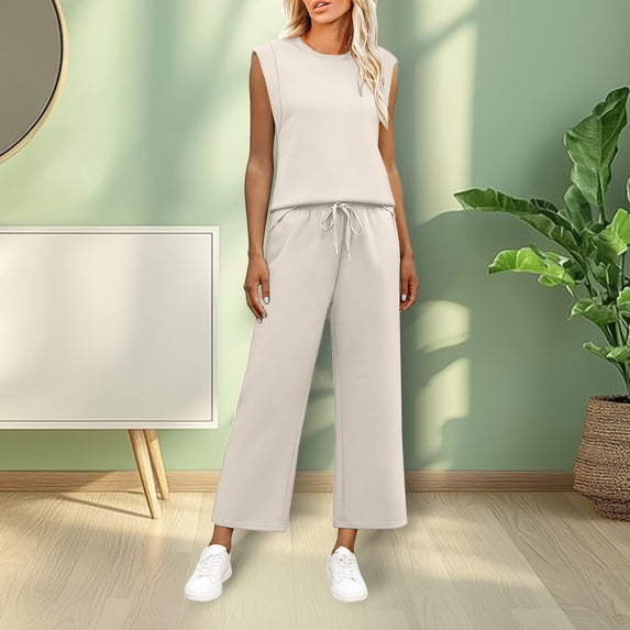 SEMPAI Two Piece Lounge Sets for Women Summer Outfits Set Mock Neck Tops Wide Leg Crop Vacation Travel Pant Set