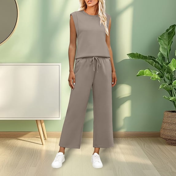 SEMPAI Two Piece Lounge Sets for Women Summer Outfits Set Mock Neck Tops Wide Leg Crop Vacation Travel Pant Set