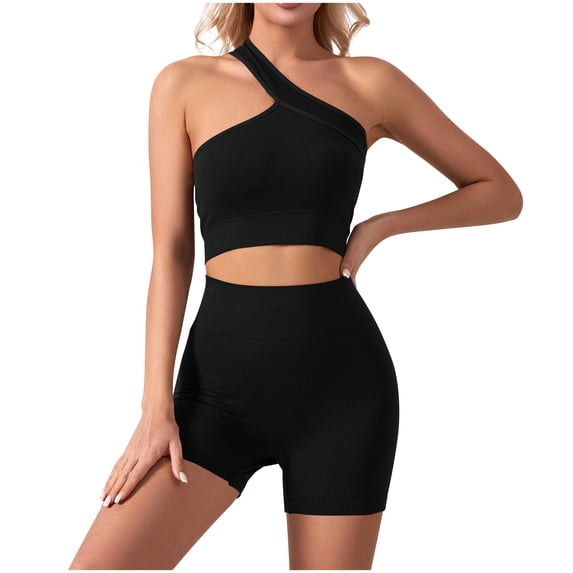 SEMPAI Two Piece Workout Sets Womens One Shoulder Tank Top Matching High Waist Booty Lifting Shorts Gym Yoga Active Wear Outfits