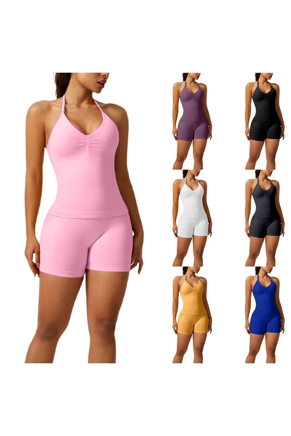 Women 2 Piece Seamless workout Sets Halter Backless Impact Longline Strappy Tank Top Sport Gym Yoga Bike Shorts