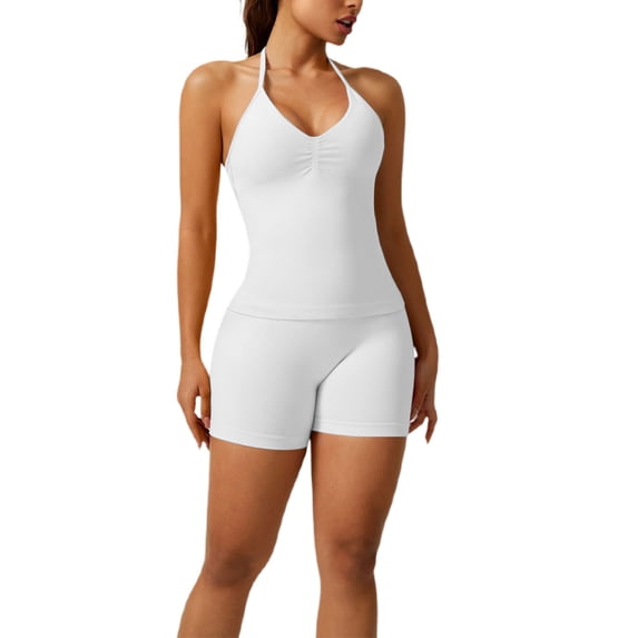 SEMPAI Women 2 Piece Seamless workout Sets Halter Backless Impact Longline Strappy Tank Top Sport Gym Yoga Bike Shorts