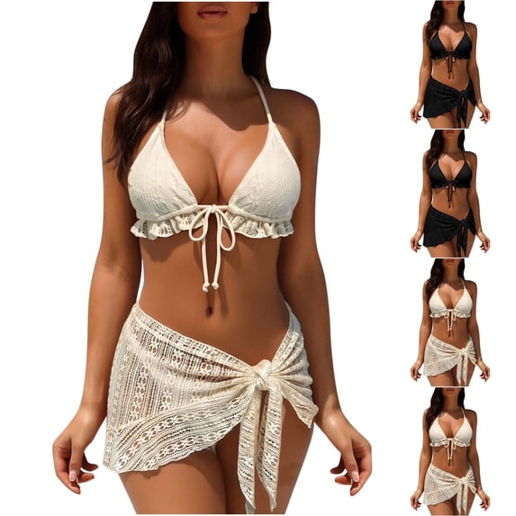 SEMPAI Women 3 Piece Swimsuits Triangle Bikini Set with Cover Up Halter String Tie Side Bathing Suits Spring Beach Outfit