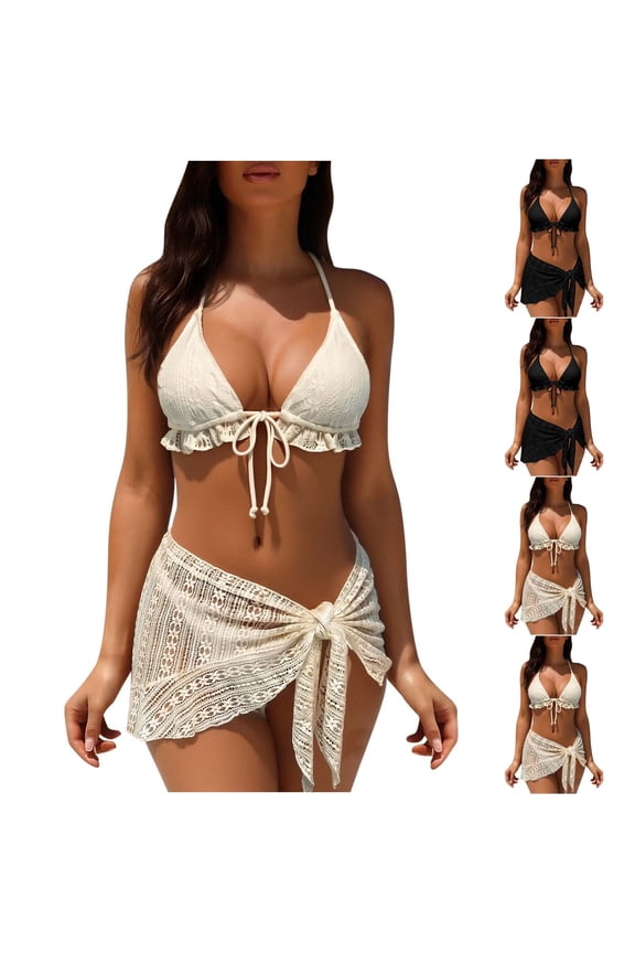 Women 3 Piece Swimsuits Triangle Bikini Set with Cover Up Halter String Tie Side Bathing Suits Spring Beach Outfit