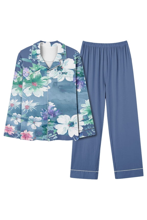 Women Casual Fashion Printed Long Sleeve Casual Tops Pants Pajamas Suit