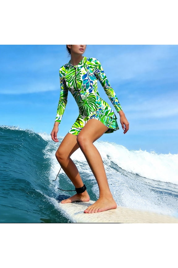 Women Casual Split Neck Half Zipper Long Sleeved Jumpsuit+Bottom Four Corner Pants with Chest Cushion Swimsuit Swimming Pants Surfing Suit Set