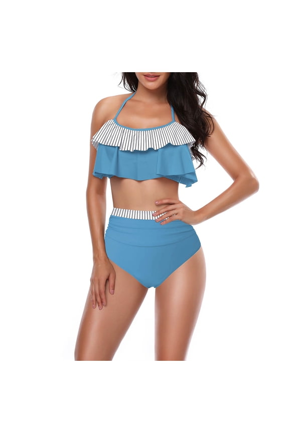 Women High Waist Cheeky Bikini Sets Colorblock Two Piece Ruffle Belly Control Swimsuits Bathing Suit