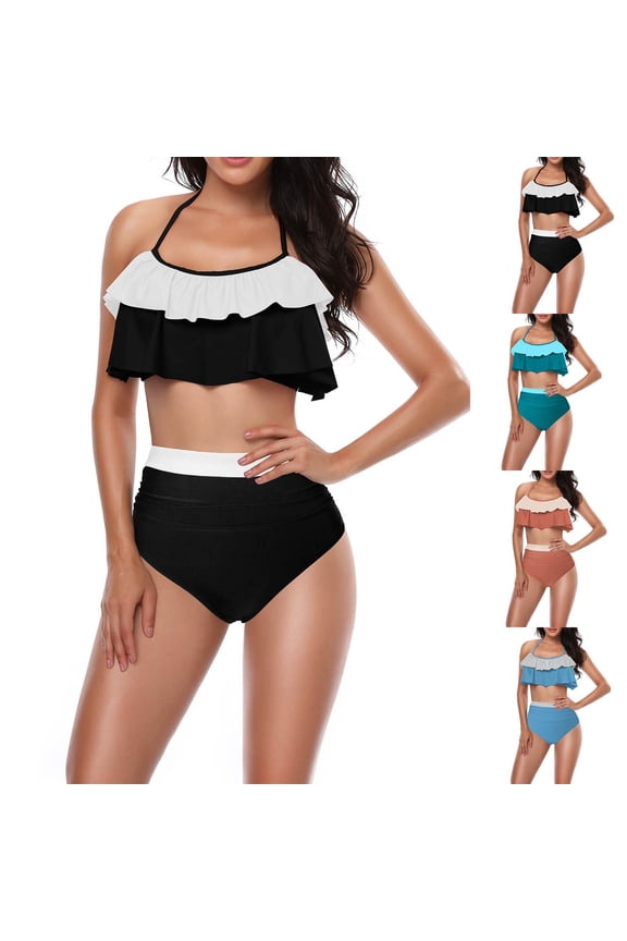 Women High Waist Cheeky Bikini Sets Colorblock Two Piece Ruffle Belly Control Swimsuits Bathing Suit
