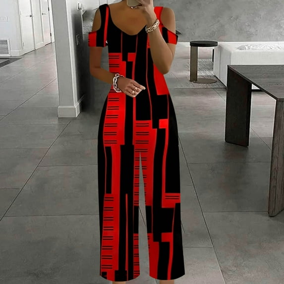 SEMPAI Women'S Short-Sleeved Crew Neck With Off-The-Shoulder Pockets Casual Wide-Leg Jumpsuits Summer savings