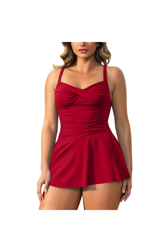 Women Tankini Swimsuits Belly Control Bathing Suit Two Piece Swim Dress High Waisted Boy Shorts with Pockets Summer