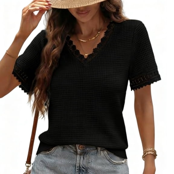 SEMPAI Women's Casual V Neck Short Sleeve Waffle Knit Lace Patchwork Shirts Summer Loose Basic Tunic Tops Tee Blouses