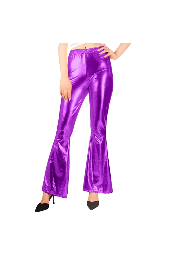 Women's Faux Leather Bell Botom Flare Pants Shinny Metallic Sequins High Waist Stretchy Bell Bottom Flared Pants