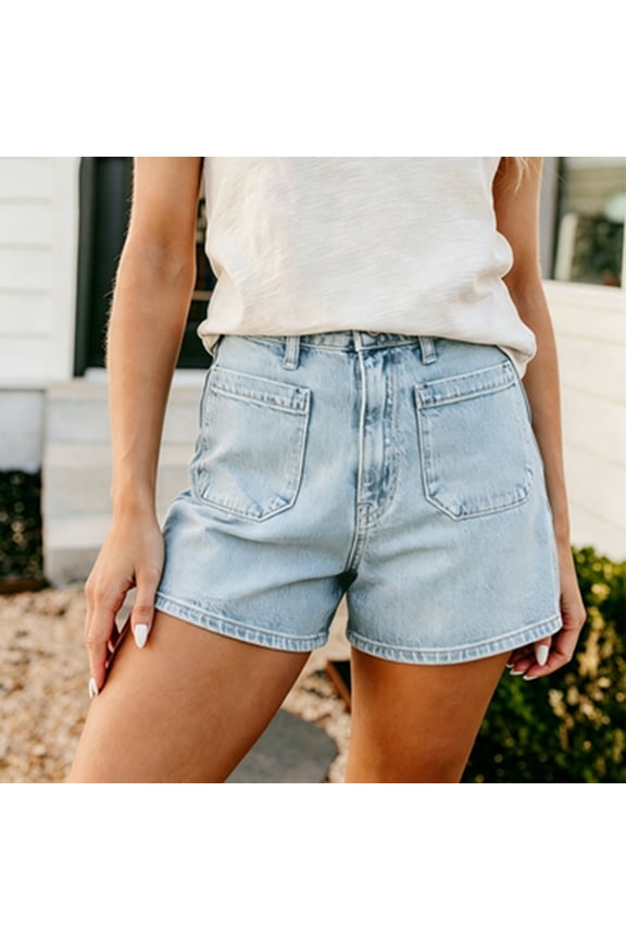 Women's High Waisted Denim Shorts Casual Loose Fit Classic Jean Shorts with Front Patch Pockets