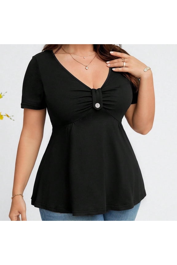 Women's Plus Size Peplum Tops V Neck Short Sleeve Ruched Ruffle T Shirts Cute Tee
