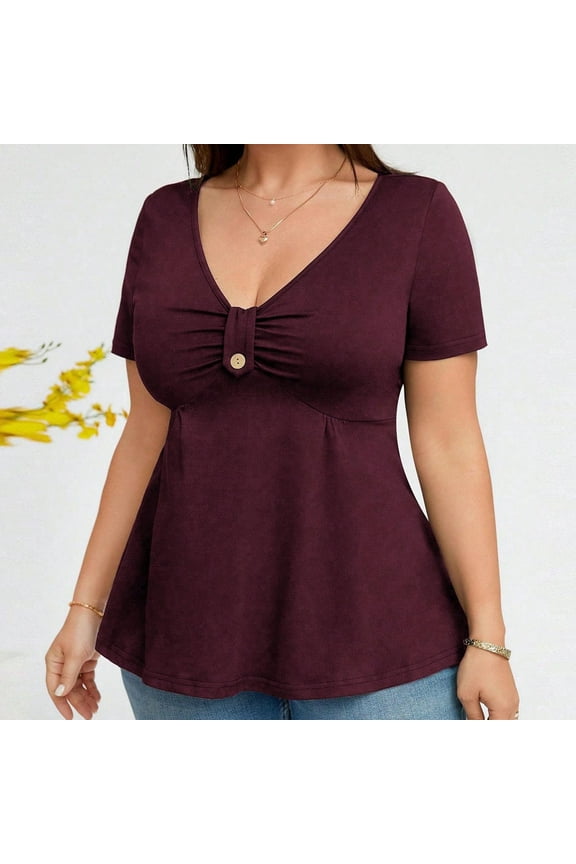 Women's Plus Size Peplum Tops V Neck Short Sleeve Ruched Ruffle T Shirts Cute Tee