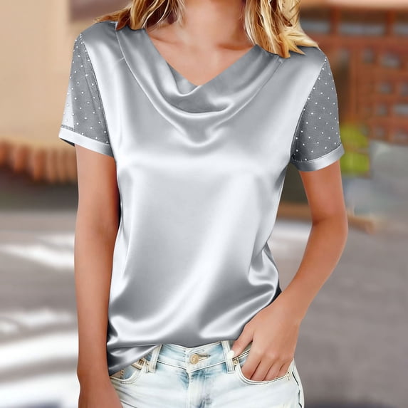 SEMPAI Women's Satin Sequin Tops Elegant Cowl Neck Shirt Dressy Short Sleeve Sparkly Evening Party Tshirt
