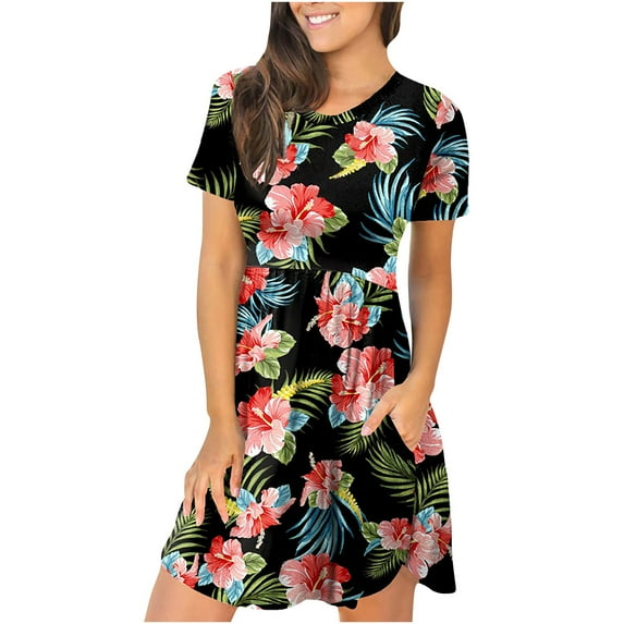 SEMPAI Women's Short Sleeve T-Shirt Dresses Casual Plain Pleated Swing Short Mini Dress Empire Waist Flare Dress with Pockets Summer Savings Clearance
