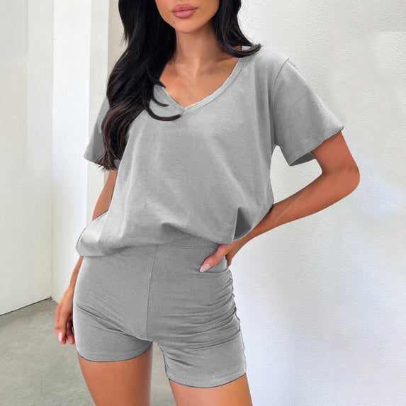 SEMPAI Women's Solid Color V-Neck Short Sleeve and Bermuda Shorts Set, Comfortable and Casual Summer Two-Piece Outfit