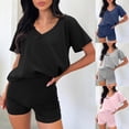 thumbnail image 1 of SEMPAI Women's Solid Color V-Neck Short Sleeve and Bermuda Shorts Set, Comfortable and Casual Summer Two-Piece Outfit, 1 of 5
