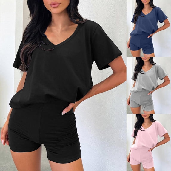 SEMPAI Women's Solid Color V-Neck Short Sleeve and Bermuda Shorts Set, Comfortable and Casual Summer Two-Piece Outfit