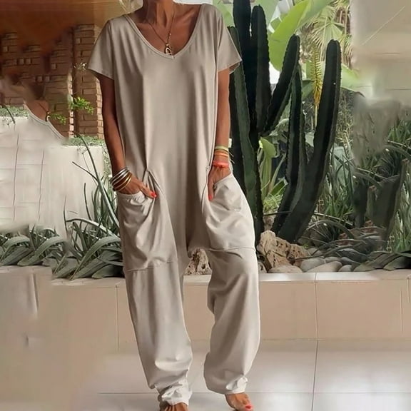 SEMPAI Women's Summer Solid Color V-neck Short-sleeved Oversized Pocket Straight Pants Daily Casual Loose Low-grade Jumpsuit Pants Valentines Day