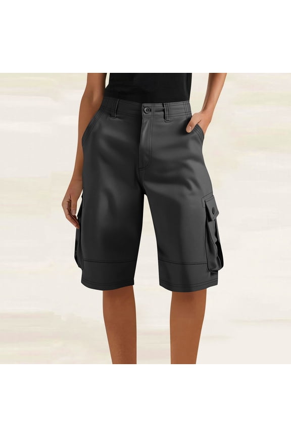 Womens Cargo Shorts Elastic High Waisted Wide Leg Button Bermuda Shorts Summer Casual Loose Trousers with Pockets