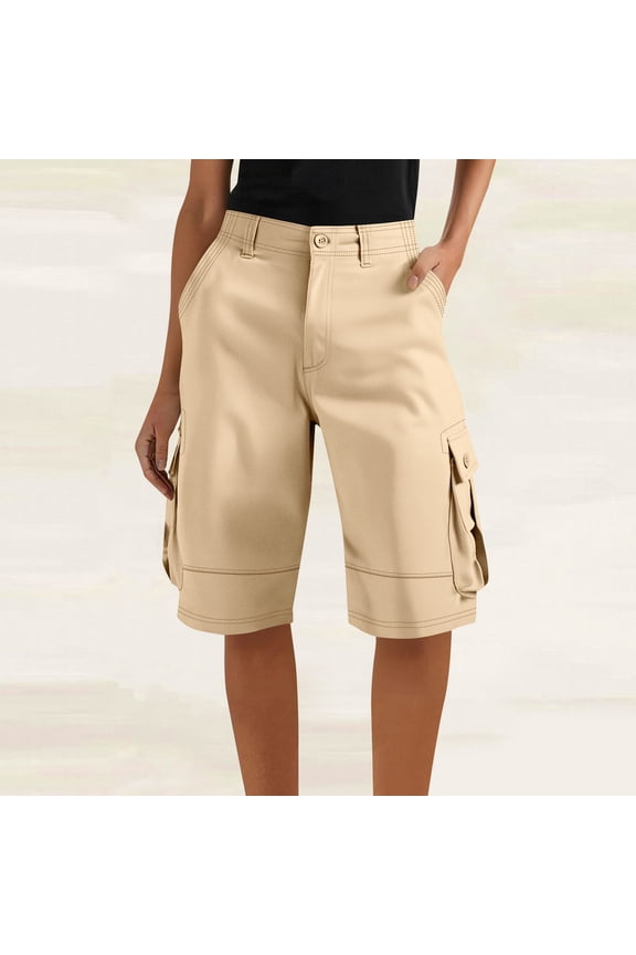 Womens Cargo Shorts Elastic High Waisted Wide Leg Button Bermuda Shorts Summer Casual Loose Trousers with Pockets