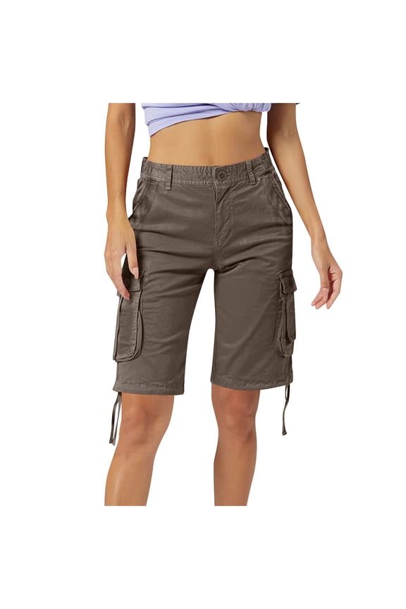 Womens Cargo Shorts, Loose Fit Zipper Multi-Pockets Twill Knee-Length Bermuda Drawstring Shorts