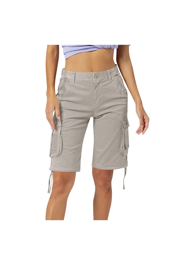 Womens Cargo Shorts, Loose Fit Zipper Multi-Pockets Twill Knee-Length Bermuda Drawstring Shorts
