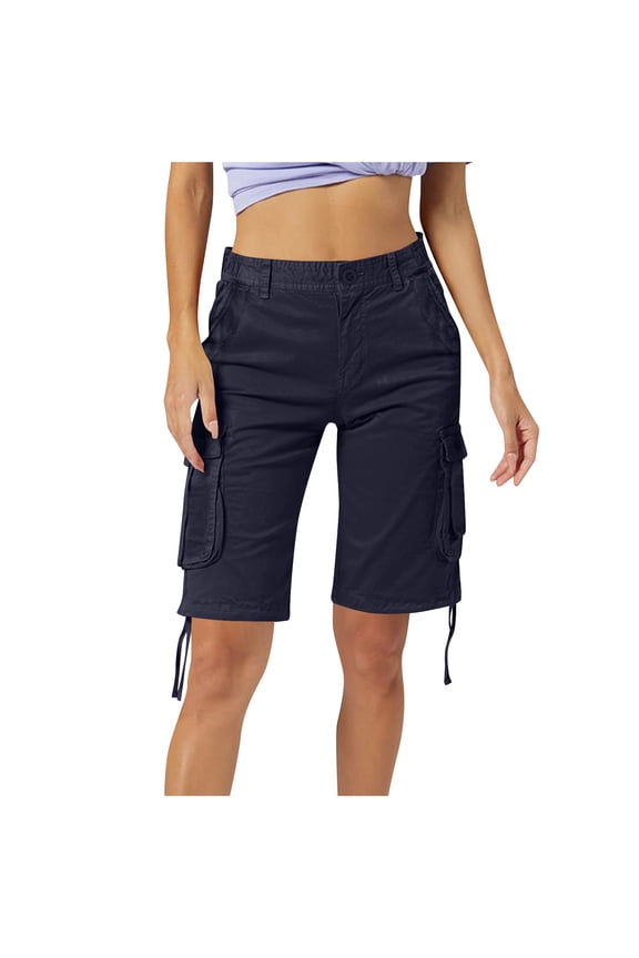 Womens Cargo Shorts, Loose Fit Zipper Multi-Pockets Twill Knee-Length Bermuda Drawstring Shorts