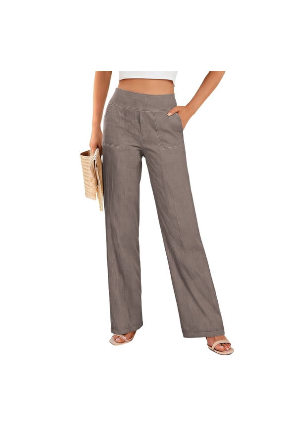 Womens Cotton Linen Pants Petite 2026 Summer Lightweight High Waist Straight Leg Solid Beach Lounge Trousers