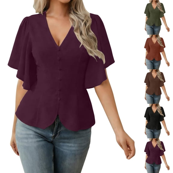 SEMPAI Womens Dressy Flutter Sleeve Summer Tops Button Front V Neck Peplum Blouse Versatile Going Out Casual Shirts