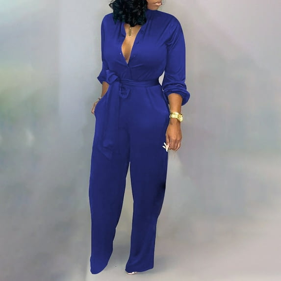 SEMPAI Womens Fashion Wide Leg Pants Pure Color Long Sleeve Jumpsuit With Belt Clearance