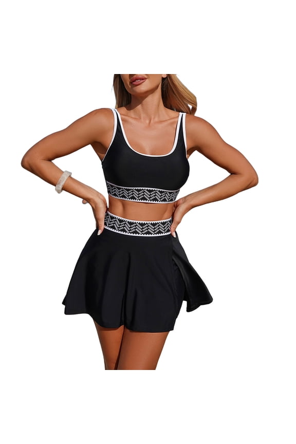 Womens High Waisted Bikini Sets Two Piece Belly Control Swim Skirt Color Block Skirted Swimsuit 2026