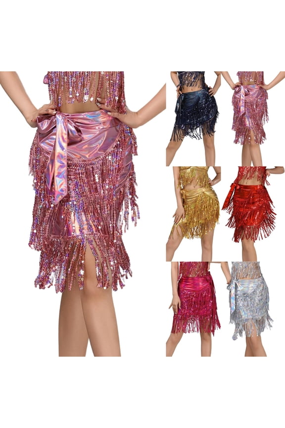 Womens Latin Dance Hip Scarf with Tassels Belly Tango Dance Skirt Fringe Sequins Wrap Skirt Music Festival Clothing