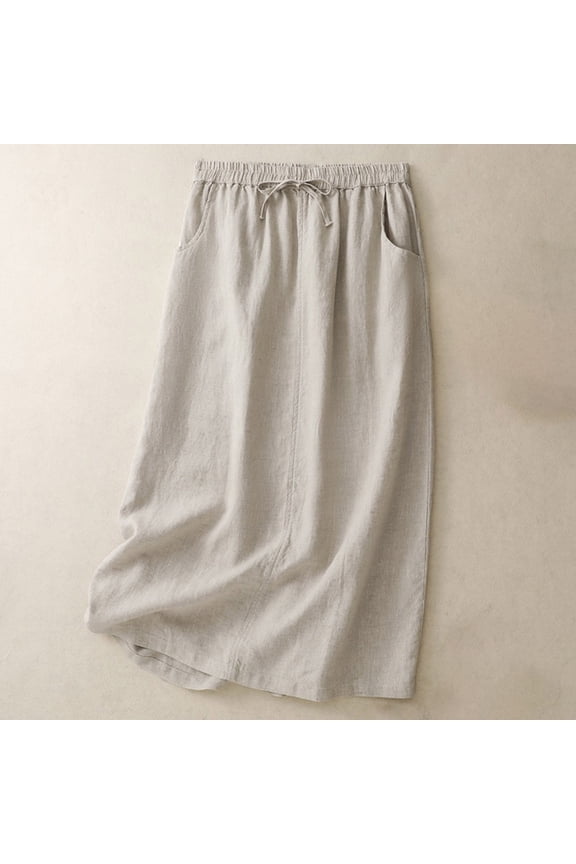 Womens Linen Skirt Elastic High Waisted Casual Straight Cotton Linen Casual Comfy Midi Skirt with Slit Pockets