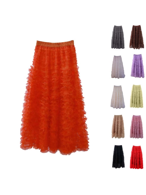 Womens Long Tulle Skirts Ruffles Tutu Skirt High Waisted Tiered Layered Mesh Skirts Flowy A-line Skirt Petticoat