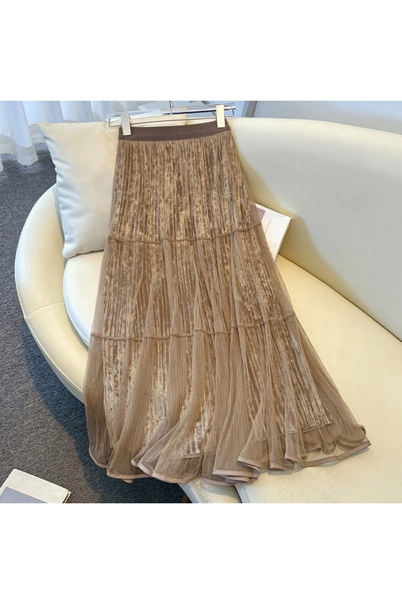 Womens Mesh Insert Patchwork Skirt, Casual Elastic Waist A-Line Skirt