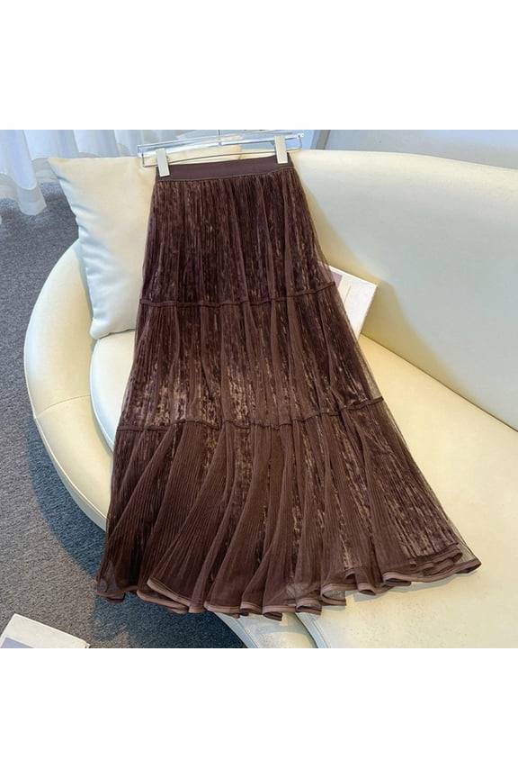 Womens Mesh Insert Patchwork Skirt, Casual Elastic Waist A-Line Skirt