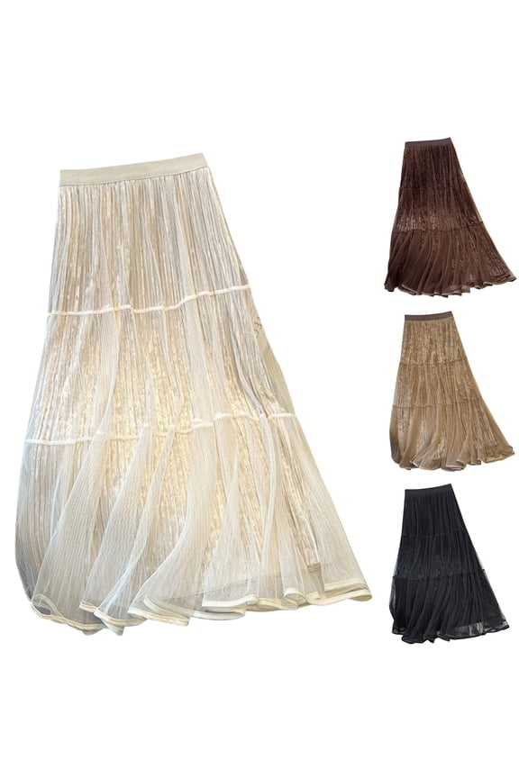 Womens Mesh Insert Patchwork Skirt, Casual Elastic Waist A-Line Skirt