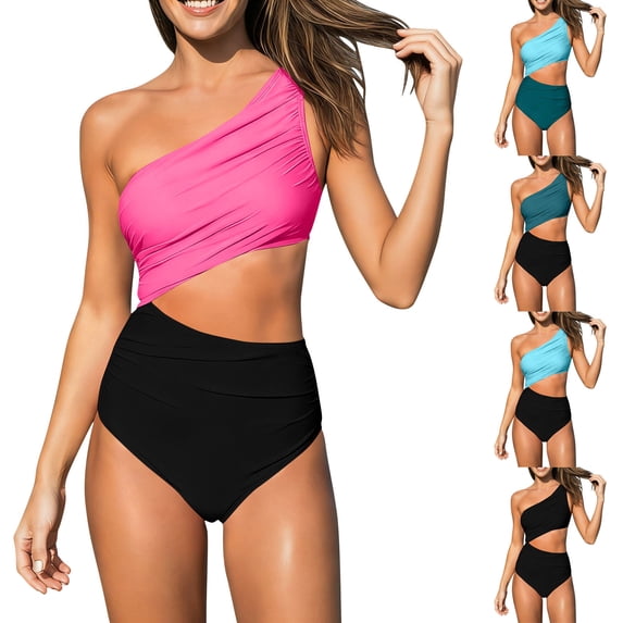 SEMPAI Womens One Piece Swimsuit One Shoulder Color Block Side Cutout Ruched Bathing Suit