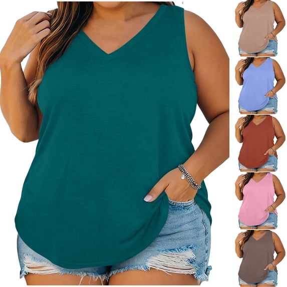 SEMPAI Womens Plus Size Tank Tops Summer Sleeveless V Neck T Shirts Casual Loose Fit Basic Tees Tunic Tops