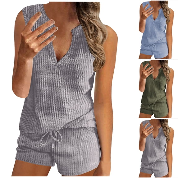 SEMPAI Womens Ribbed Knit Lounge Set Womens Summer Outfits Sets Short Sleeve Henley Neck Top and Shorts with Pockets