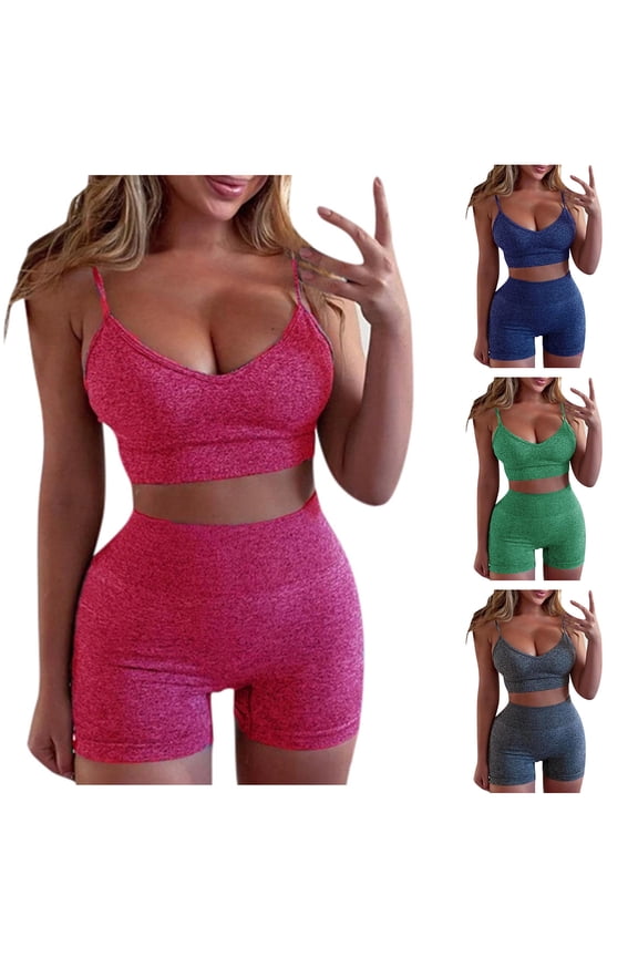 Womens Seamless Ribbed 2-Piece Workout Sets Strappy Sports Bra, High-Waist Yoga Shorts for Yoga, Pilates, Running