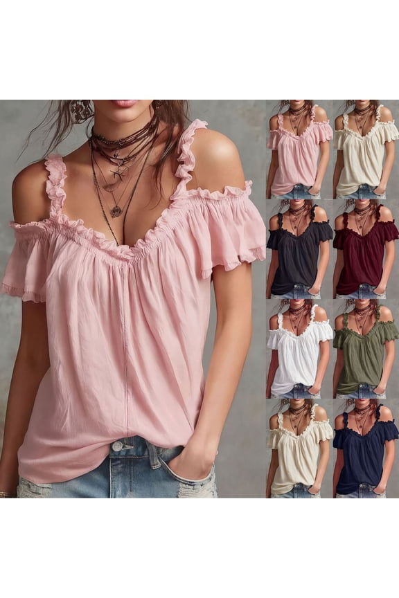 Womens Sexy Cold Shoulder Tops, Casual Off Shoulder Short Sleeve Open Shoulder Shirts