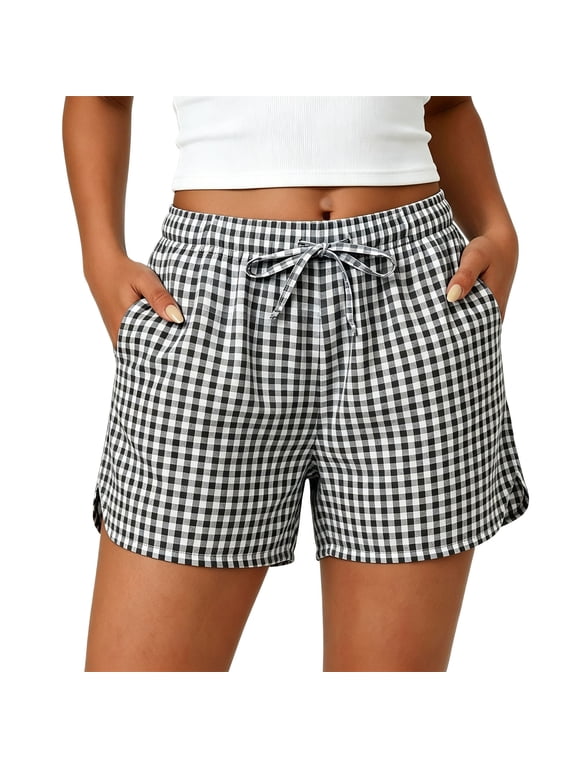 Womens Striped Boxer Shorts Checkered Plaid Casual Biker Shorts Lounge Summer Beach Vacation