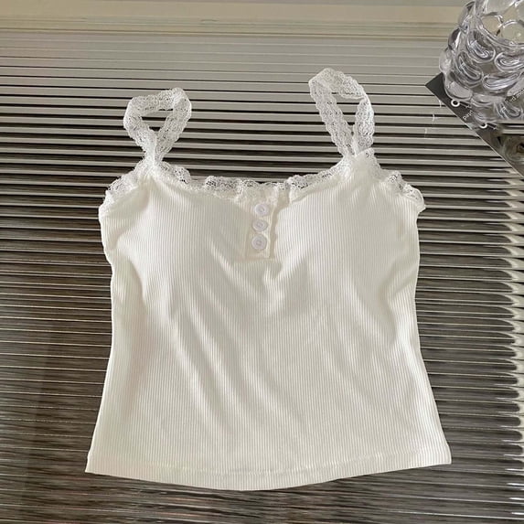 SEMPAI Womens Striped Lace Trim Cami Crop Top Button Front Spaghetti Strap Y2k Tops