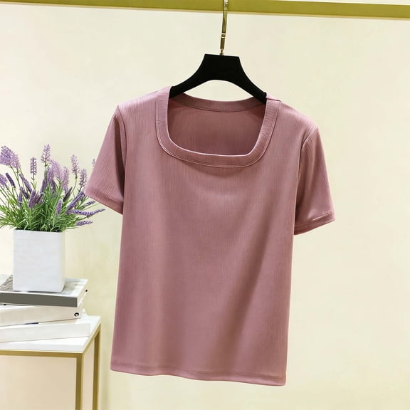 SEMPAI Womens Summer Tops Square Neck Short Sleeve Shirts Ribbed Knit Dressy Casual Blouse Spring Vacation Tshirts Clothes