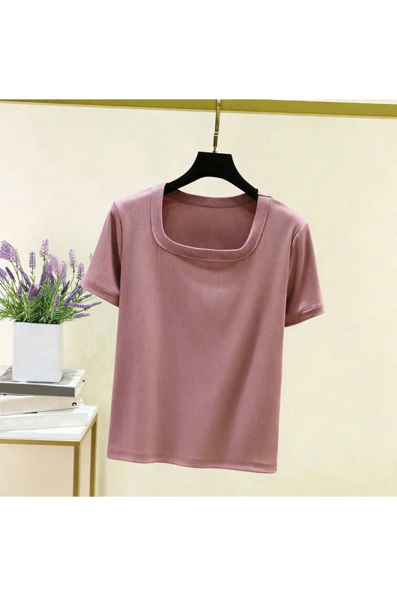 Womens Summer Tops Square Neck Short Sleeve Shirts Ribbed Knit Dressy Casual Blouse Spring Vacation Tshirts Clothes